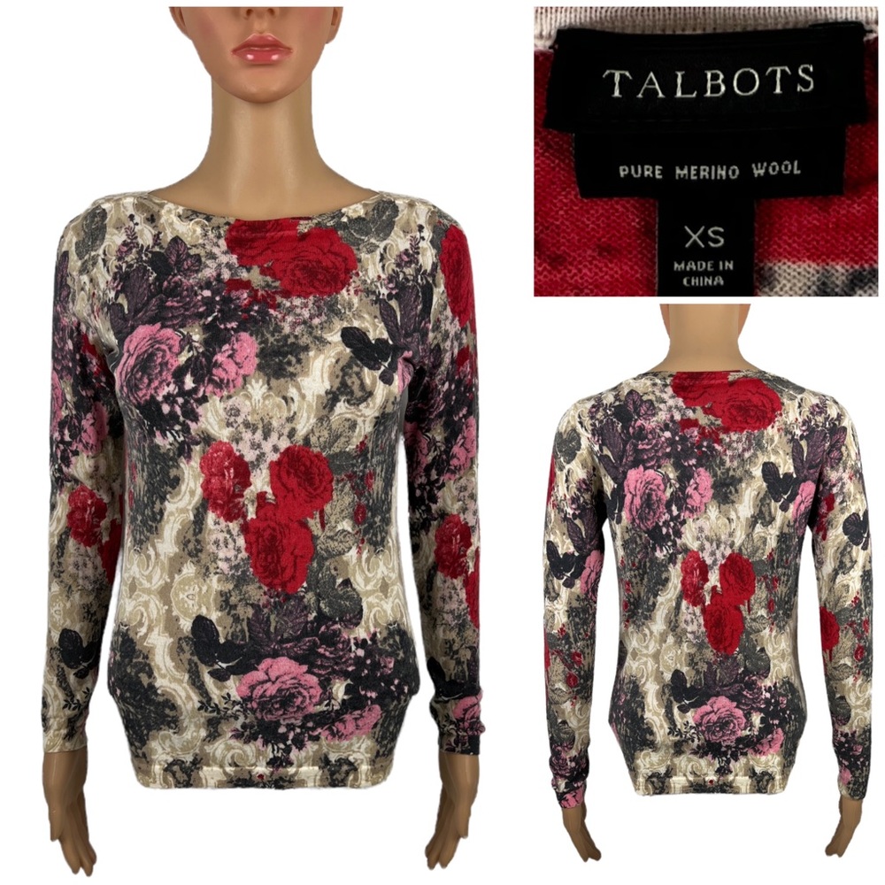 Talbots Womens XS Sweater Pure 100% Merino Wool Floral Boat Neck Long Sleeve EUC